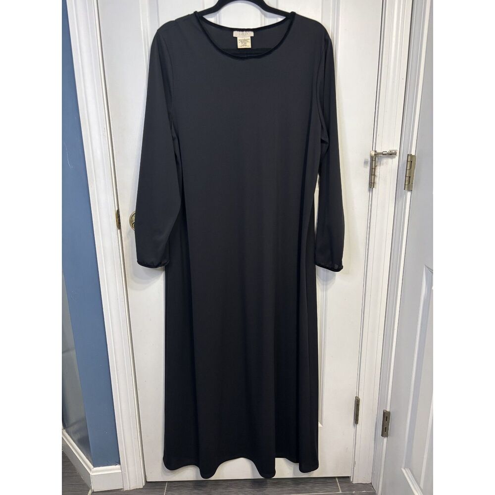 Vintage J. Jill Black A-line Maxi Long Sleeve Dress Velvet Trim Size Large